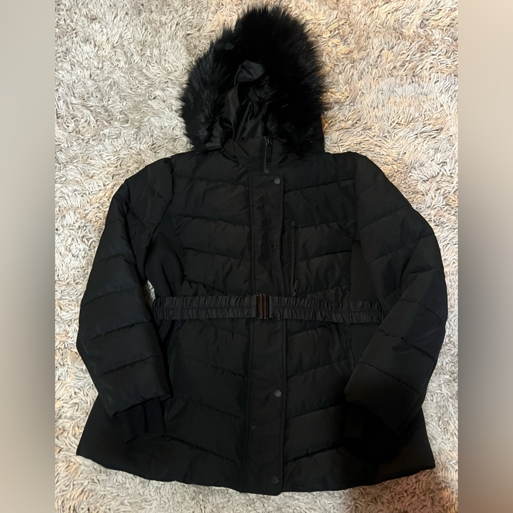 London Fog Black Puffer Jacket with Faux Fur Hood